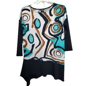 Eva Varro Artsy Asymmetric Hem Black Trim Tunic Size Large Art to Wear